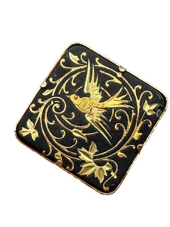 Estate Jewelry - Vintage Damascene Bird Brooch Scatter Pin 1" Floral Vines Black Gold Cottagecore